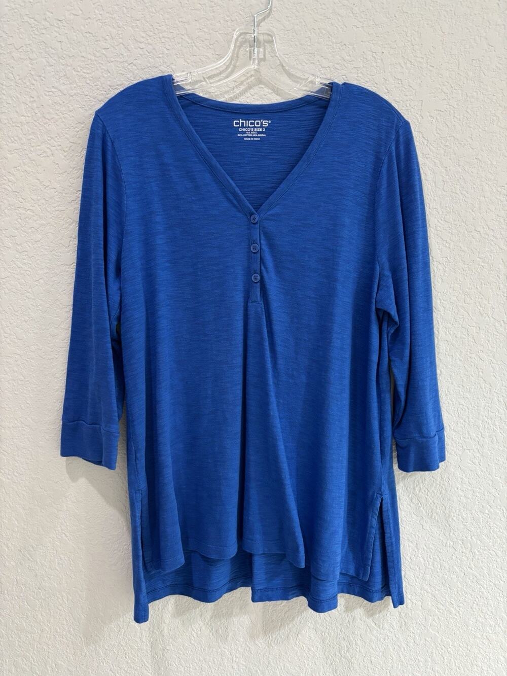 Chicos Womens Size 2 US Large Blue Modal Cotton Henley Tunic Top 3/4 Sleeve